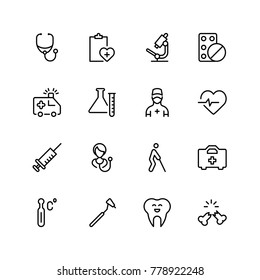 Orthodontic icon set. Collection of vector symbols on white background for web design. Black outline sings for mobile application. 