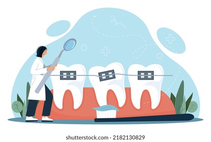 Orthodontic services concept. Young girl with magnifying glass checks teeth, toothbrush with paste in mouth. Patient on visit to dentist. Health care and medicine. Cartoon flat vector illustration