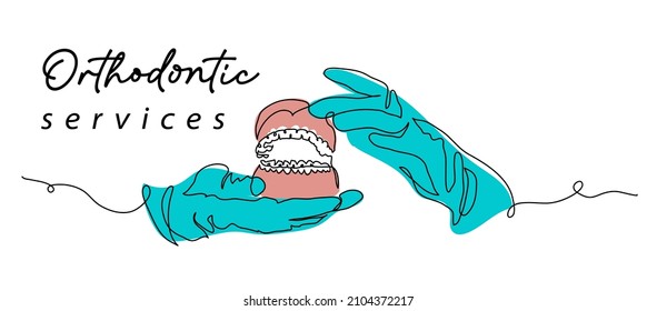 Orthodontic services office banner, poster, background. Tooth model with orthodontic braces and hand in medical gloves. One continuous line art drawing.