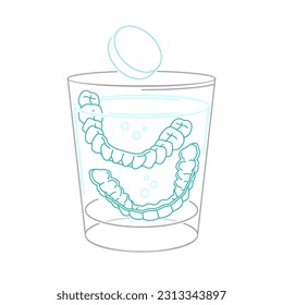 Orthodontic silicone trainer cleaning. Invisible braces aligner, retainer. Daily cleanser. Deep clean. Anti-bacterial tablet. Editable vector illustration isolated on a white background.