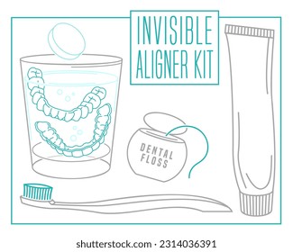 Orthodontic silicone trainer cleaning. Invisible braces aligner, retainer. Daily routine. Deep clean. Anti-bacterial tablet. Editable vector illustration isolated on a white background.