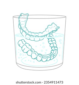 Orthodontic silicone trainer cleaning. Invisible braces aligner, retainer. Daily cleanser. Deep anti-bacterial clean. Editable vector illustration isolated on a white background.