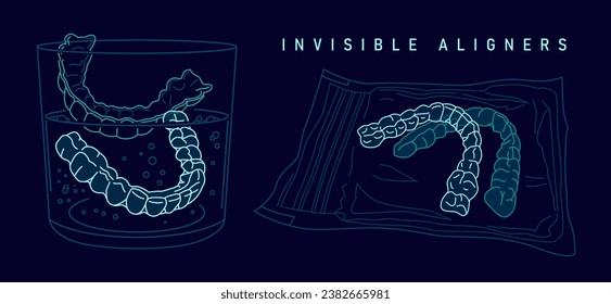 Orthodontic silicone trainer cleaning. Invisible braces aligner, retainer. Daily cleanser. Deep anti-bacterial clean. Editable vector illustration isolated on a dark background.