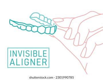 Orthodontic silicone trainer. Invisible braces retainer. Medical concept. Hand holding aligner. Under jaw. Horizontal poster. Editable vector illustration isolated on a white background.
