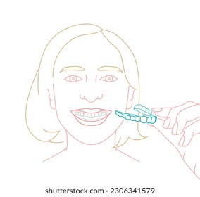 Orthodontic silicone trainer. Invisible braces retainer. Medical concept. Hand holding aligner. Under jaw. Horizontal poster. Editable vector illustration isolated on a white background.

