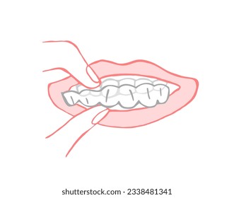 Orthodontic silicone trainer. Invisible braces retainer. Medical concept. Hand holding aligner. Under jaw. Horizontal poster. Editable vector illustration isolated on a white background.