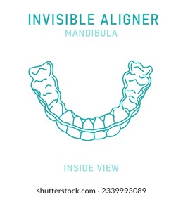 Entrenador de silicona ortodoncia. Alteración de llaves invisibles, fiador. Plan médico. Vista interior. Bajo la mandíbula. Mandibula. Afiche horizontal. Ilustración vectorial editable aislada en un fondo blanco.