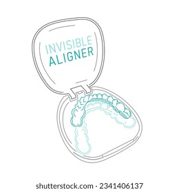 Orthodontic silicone trainer. Invisible braces aligner, retainer. Medical treatment. Opened tray. Plastic case with transparent braces. Editable vector illustration isolated on a white background.