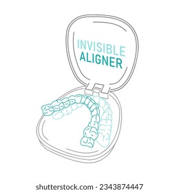 Orthodontic silicone trainer. Invisible braces aligner, retainer. Medical treatment. Opened tray. Plastic case with transparent braces. Editable vector illustration isolated on a white background.