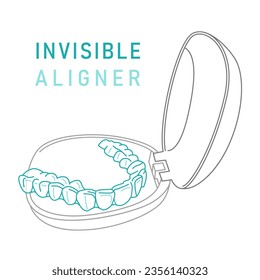 Orthodontic silicone trainer. Invisible braces aligner, retainer. Medical treatment. Opened tray. Plastic case with transparent braces. Editable vector illustration isolated on a white background.