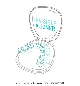 Orthodontic silicone trainer. Invisible braces aligner, retainer. Medical treatment. Opened tray. Plastic case with transparent braces. Editable vector illustration isolated on a white background.