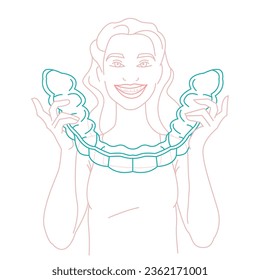 Orthodontic silicone trainer. Invisible braces retainer. Medical concept. Woman holding big aligner. Upper jaw. Thin line style. Editable vector illustration isolated on a white background.