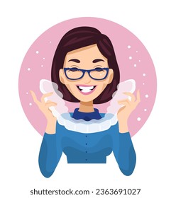 Orthodontic silicone trainer. Invisible braces retainer. Medical concept. Woman holding big aligner. Upper jaw. Flat cartoon style. Editable vector illustration isolated on a white background.