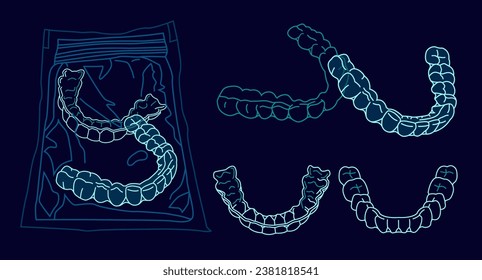 Entrenador de silicona ortodoncia. Alteración de llaves invisibles, fiador. Tratamiento médico. Bandeja abierta. Caja de plástico con llaves transparentes. Ilustración vectorial editable aislada en un fondo azul oscuro.