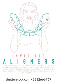 Orthodontic silicone trainer. Invisible braces retainer. Medical concept. Woman holding big aligner. Upper jaw. Thin line style. Editable vector illustration isolated on a white background.