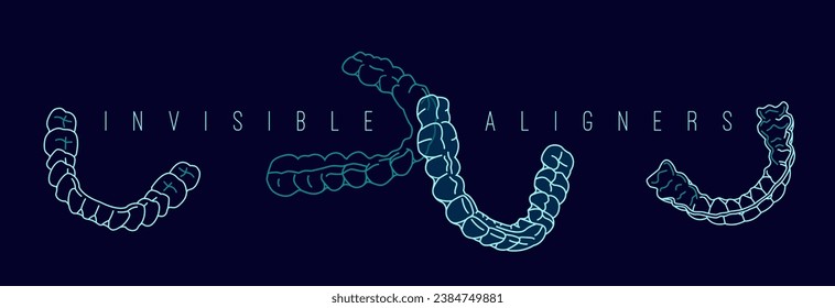 Orthodontic silicone trainer. Invisible braces aligner poster. Medical banner in outline style. Outside, inside view. Upper, lower jaw. Editable vector illustration on a dark blue background
