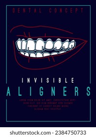 Orthodontic silicone trainer. Invisible braces aligner poster. Medical banner in outline style. Outside, inside view. Upper, lower jaw. Editable vector illustration on a dark blue background
