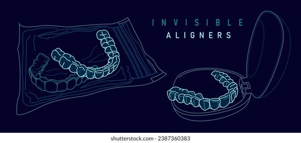 Entrenador de silicona ortodoncia. Afiche invisible que alinea las llaves. Banner médico con estilo de contorno. Fuera, con vistas al interior. Mano superior, inferior. Ilustración vectorial editable en un fondo azul oscuro
