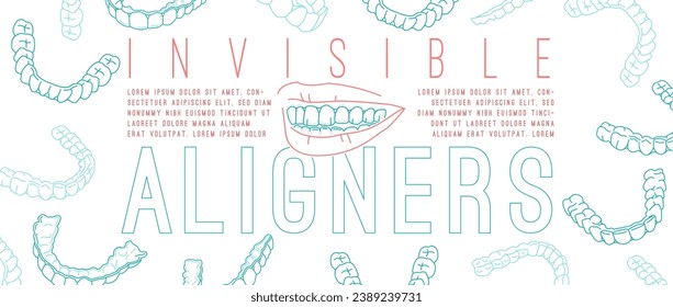 Orthodontic silicone trainer. Invisible braces aligner poster. Medical banner in outline style. Outside, inside view. Upper, lower jaw. Editable vector illustration on a white background