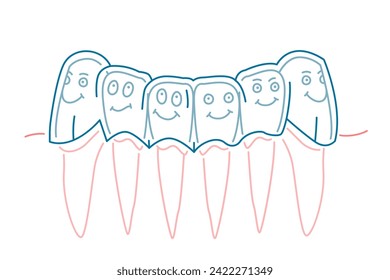 Entrenador de silicona ortodoncia. Alteración de llaves invisibles, fiador. Caracteres divertidos de dientes en un estilo lineal. Mano inferior. Imagen horizontal. Ilustración vectorial editable aislada en un fondo blanco.