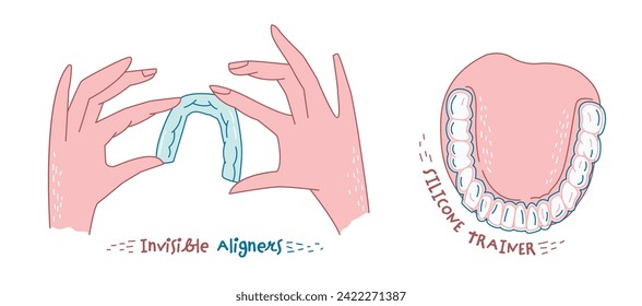 Orthodontic silicone trainer. Invisible braces retainer. Medical concept. Hands holding aligner. Under jaw. Hand drawn style. Editable vector illustration isolated on a white background