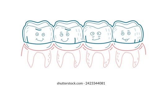 Entrenador de silicona ortodoncia. Alteración de llaves invisibles, fiador. Caracteres divertidos de dientes en un estilo lineal. Mano inferior. Imagen horizontal. Ilustración vectorial editable aislada en un fondo blanco.