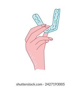 Orthodontic silicone trainer. Invisible braces retainer. Medical concept. Hands holding aligner. Under jaw. Hand drawn style. Editable vector illustration isolated on a white background