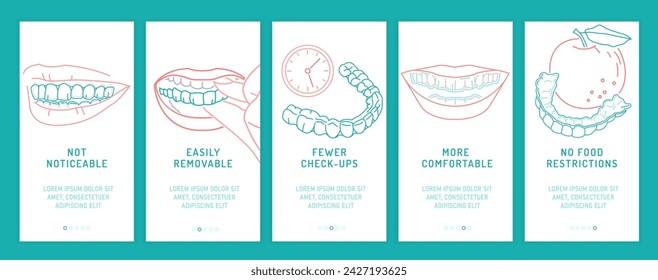 Orthodontic silicone trainer. Invisible braces aligner banner. Medical banner in outline style. Benefits infographics. Landscape print. Editable vector illustration in linear style on white background