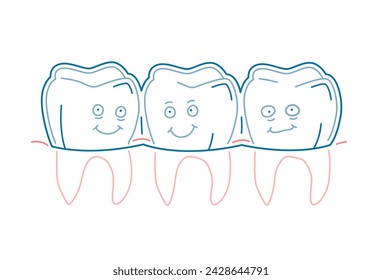 Entrenador de silicona de ortodoncia. Alineador de llaves invisibles, retenedor. Divertidos personajes de dientes en estilo lineal. Mandíbula inferior. Imagen horizontal. Ilustración vectorial editable aislada sobre un fondo blanco.