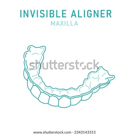 Orthodontic silicone trainer. Invisible braces aligner, retainer. Medical scheme. Outside view. Upper jaw. Maxilla. Horizontal poster. Editable vector illustration isolated on a white background.