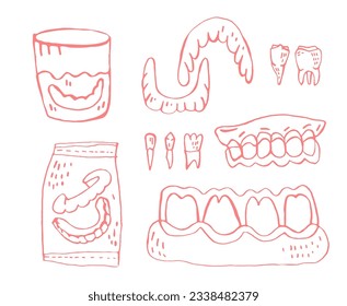 Orthodontic silicone trainer set. Invisible braces retainer. Medical concept. Hand holding aligner. Under jaw. Useful design elements. Editable vector illustration isolated on a white background.