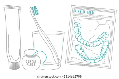 Orthodontischer Silikontrainer. Zähne reinigen. Unsichtbare Klammern, Ausrichten, Halteeinrichtung. Tägliche Routine. Tief sauber. Mundpflege. Bearbeitbare Vektorgrafik einzeln auf weißem Hintergrund.