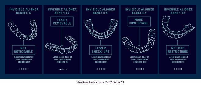 Orthodontic silicone trainer vertical banner. Invisible braces retainer ad. Medical web concept. Aligner pros, cons. Upper, lower  jaw.  Editable vector illustration isolated on a dark background