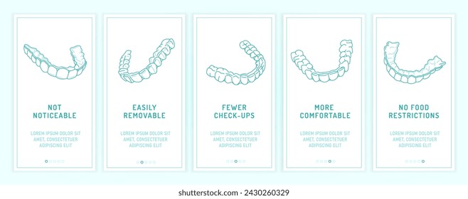 Orthodontic silicone trainer vertical banner. Invisible braces retainer ad. Medical web concept. Aligner advantages. Upper, lower  jaw.  Editable vector illustration isolated on a light background