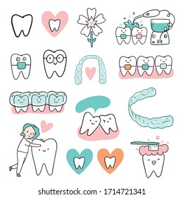 Orthodontic stickers set - cute teeth, invisible braces, water floss irrigation, dentist oral hygiene, toothbrush. Happy medicine characters. Kids illustration art