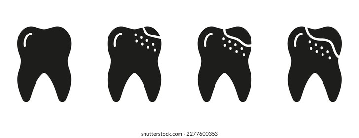 Orthodontic Teeth Problem. Dental Caries Process Silhouette Icon Set. Dental Treatment Sign. Tooth Disease Stages Glyph Pictogram. Dentistry Solid Symbol. Isolated Vector Illustration.