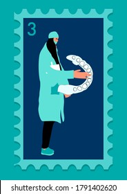 Orthodontic themed postage stamp. Doctor holding huge dental braces, aligner or retainer. Bite correction. Oral care and daily routine. Retro philately vector in flat style for greeting card or clinic