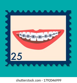 Orthodontic themed postage stamp.Human mouth with braces on teeth. Bite correction.Oral care and daily routine. International day of the dentist. Retro philately vector in flat style for greeting card