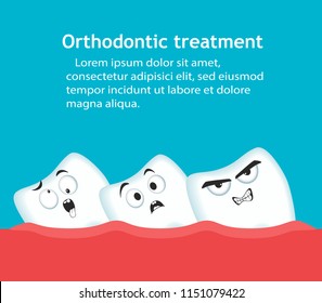 Orthodontic treatment banner with teeth characters. Dental clinic services. Alignment of teeth with braces. After correction with brackets. Stomatology check up, hygiene and correction