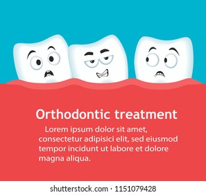 Orthodontic treatment banner with teeth characters. Dental clinic services. Alignment of teeth with braces. After correction with brackets. Stomatology check up, hygiene and correction