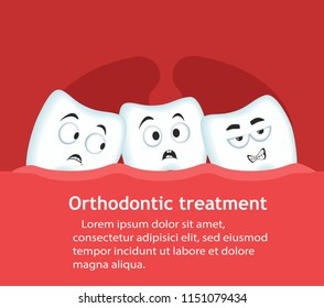 Orthodontic treatment banner with teeth characters. Dental clinic services. Alignment of teeth with braces. After correction with brackets. Stomatology check up, hygiene and correction