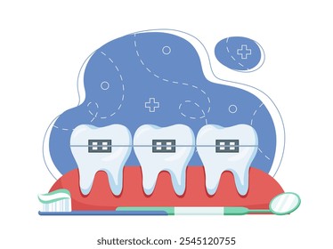 Orthodontic treatment concept. Teeth in braces. Preventing and correcting malocclusion. Oral hygiene. Healthcare and medicne, treatment. Flat vector illustration isolated on white background