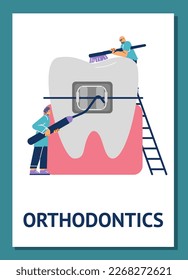 Orthodontics and aesthetic dentistry procedures banner or flyer, flat vector illustration. Orthodontist service and bite correction by dental brackets.