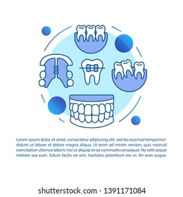 Orthodontics article page vector template. Cosmetic bite correction. Brochure, magazine, booklet design element with linear icons and text boxes. Print design. Concept illustrations with text space