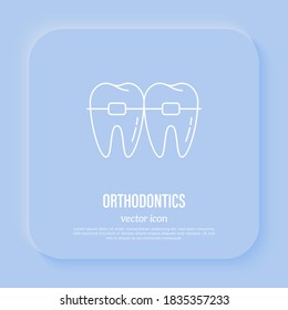 Orthodontics: braces on teeth, tooth correction. Dentistry. Thin line icon, vector illustration.