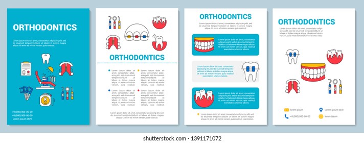 Orthodontics brochure template layout. Cosmetic dentistry. Flyer, booklet, leaflet print design with linear illustrations. Vector page layouts for magazines, annual reports, advertising posters