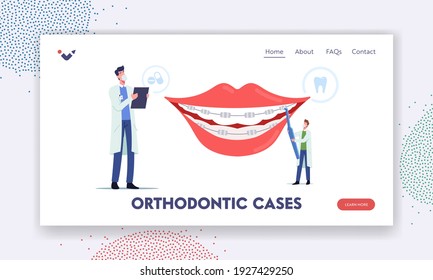 Plantilla de la página de inicio de casos de ortodoncia. Instalación de corchetes para alineación de dientes, Odontología, pequeños caracteres de doctores dentistas instalan cordones dentales al paciente. Ilustración de vectores de personas de caricatura