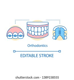 Orthodontics concept icon. Bite correction. Smile recovery. Retainers, braces, jaws. Modern cosmetic dentistry idea thin line illustration. Vector isolated outline drawing. Editable stroke