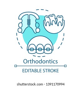 Orthodontics concept icon. Bite correction. Retainers, braces, crooked teeth. Cosmetic dentistry. Smile reconstruction idea thin line illustration. Vector isolated outline drawing. Editable stroke