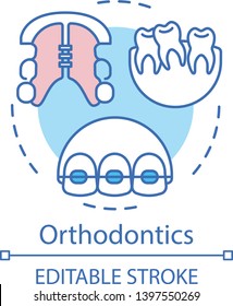 Orthodontics concept icon. Bite correction. Retainers, braces, crooked teeth. Cosmetic dentistry. Smile reconstruction idea thin line illustration. Vector isolated outline drawing. Editable stroke
